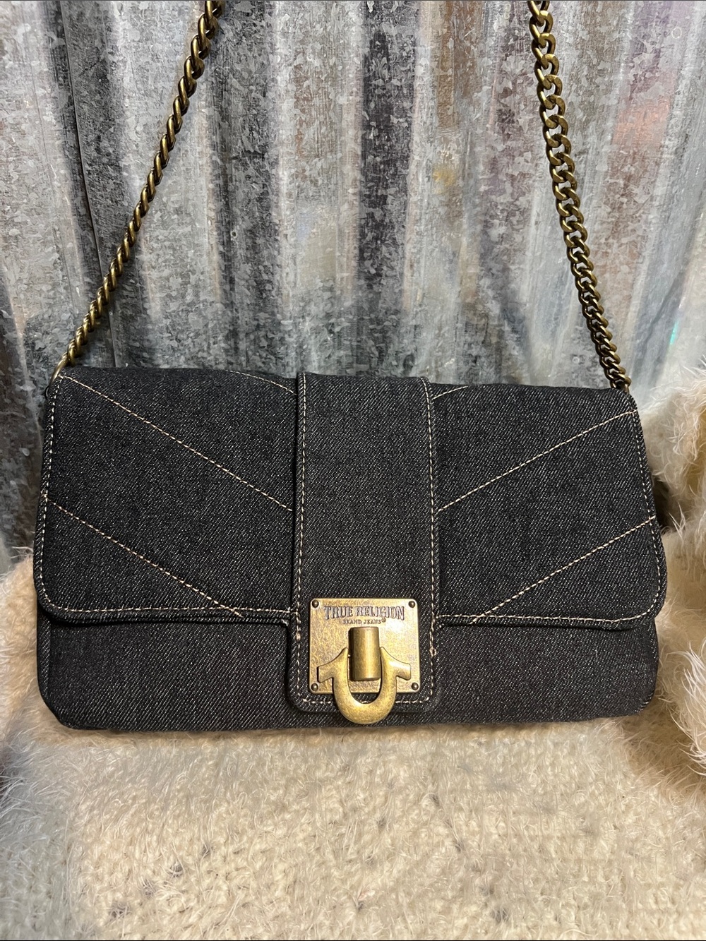 True Religion Black Denim Shoulder Bag with Gold Chain